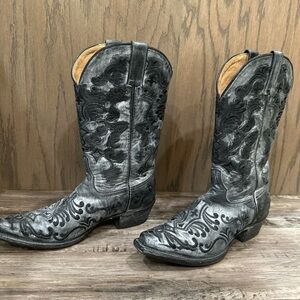Shyanne Women's Inlay Western Cowboy Boots Size 9 black Gray Leather Pull On